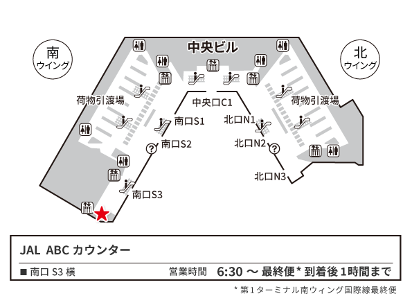 成田空港 第1ターミナル 1階 到着ロビー 南ウイング JAL ABCカウンター 構内図