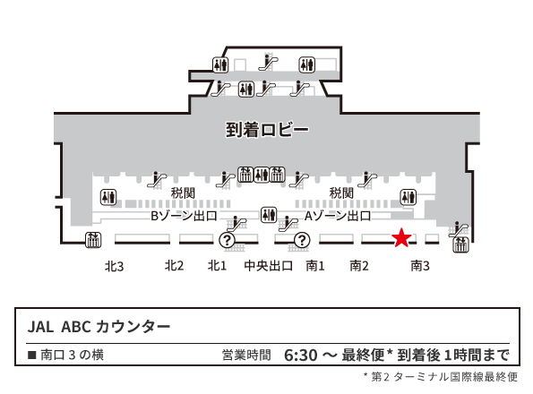 成田空港 第2ターミナル 1階 到着ロビー JAL ABCカウンター 構内図